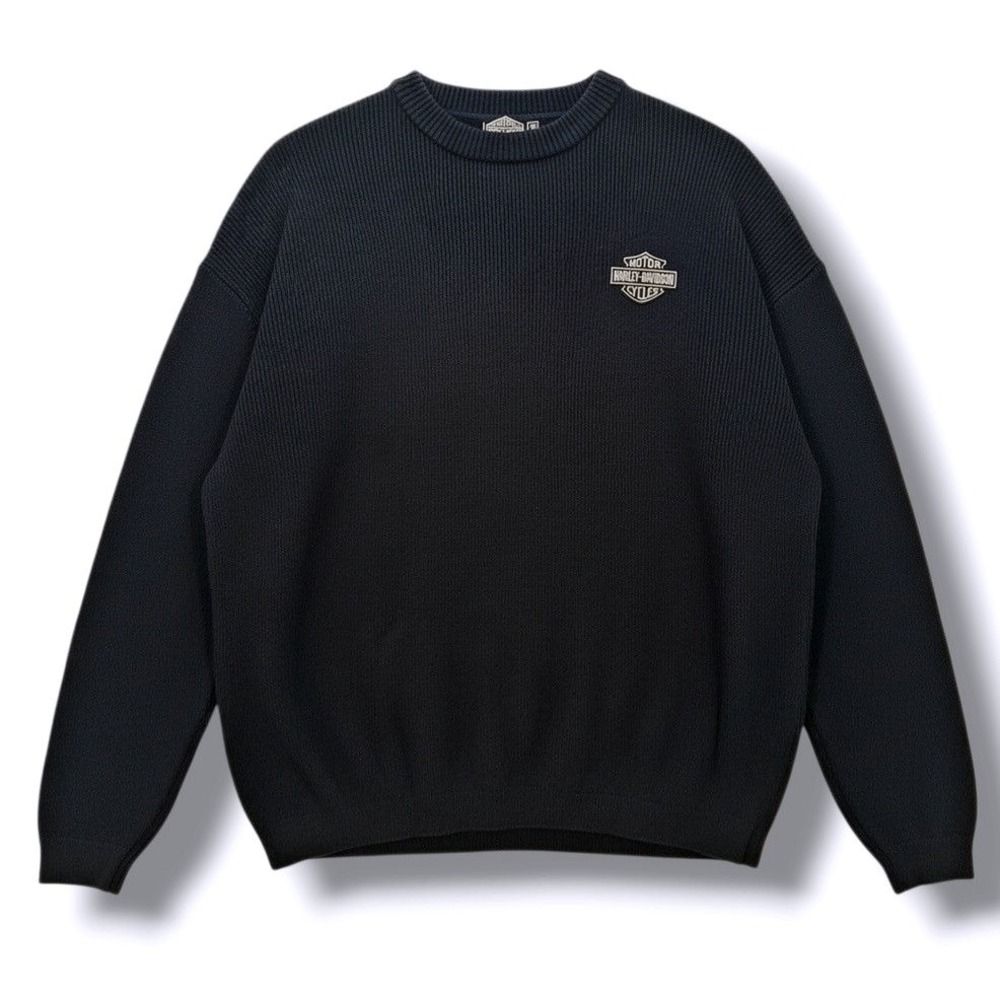 VTG Harley Davidson Mens XL Black Ribbed Knit Sweater Embroidered Bar Shield HTF